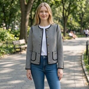 Talbots Womens Black White Striped Button Front Collarless Jacket Blazer Size 2